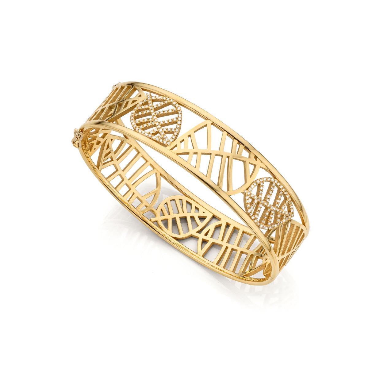 18k yellow gold bangle bracelet with openwork leaf design and pave diamonds, De Parme Design