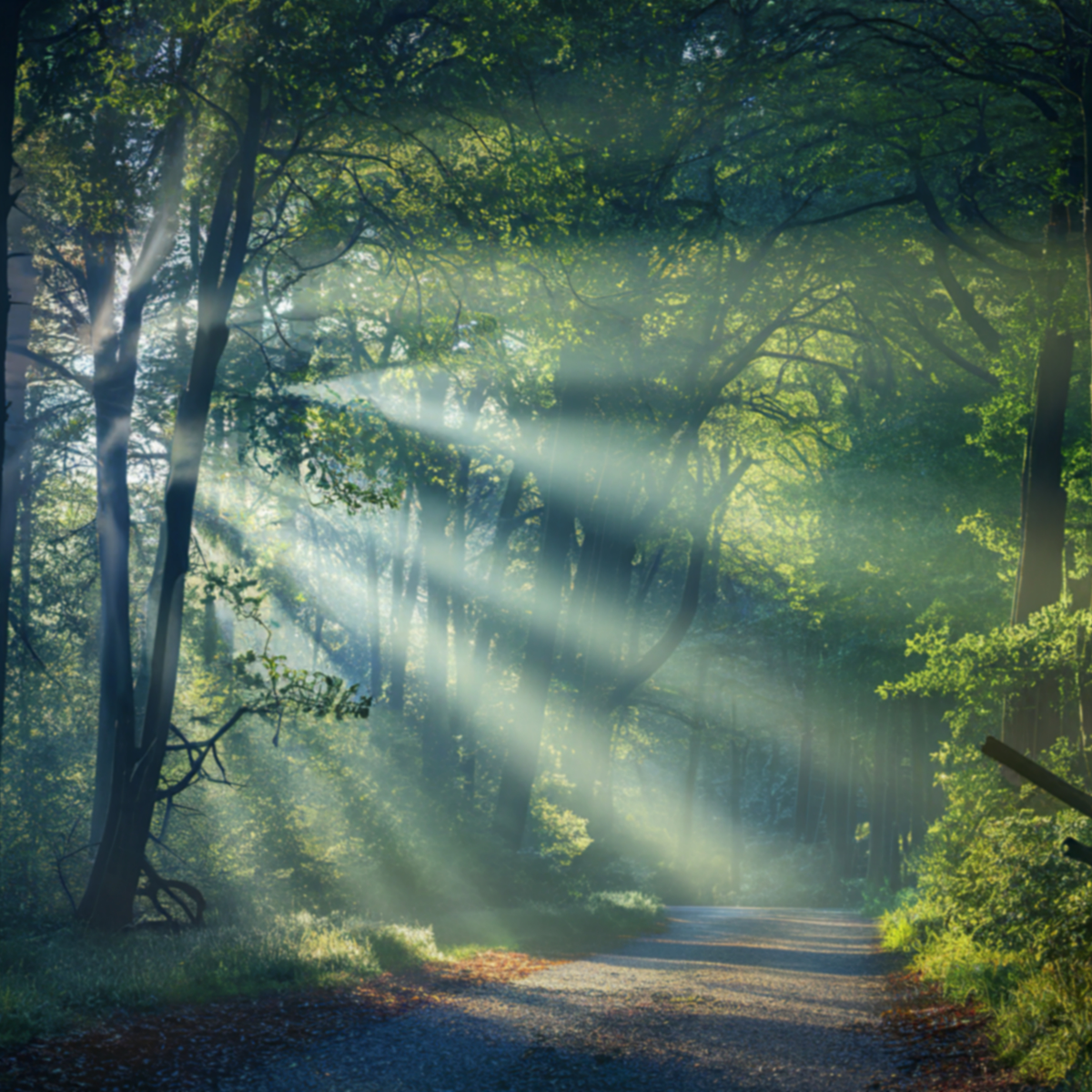 A sunlit forest path with beams of light filtering through dense green trees and mist.