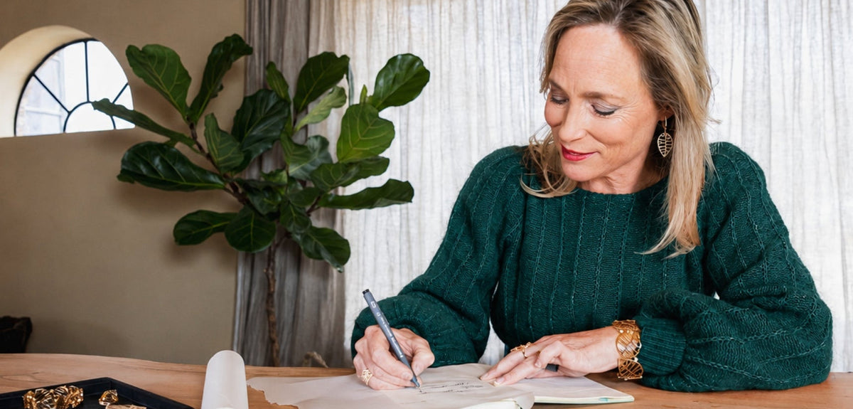 Princess Margarita sketching designs for De Parme Design’s fine jewellery pieces in her home atelier, where nature-inspired ideas take shape.