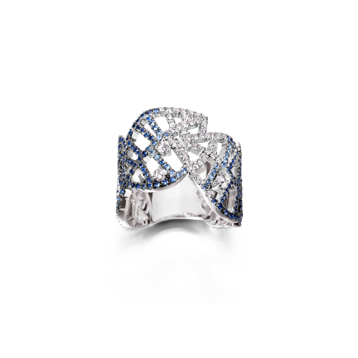 BEECH RING - DEWDROPS white gold diamond blue sapphire pavé