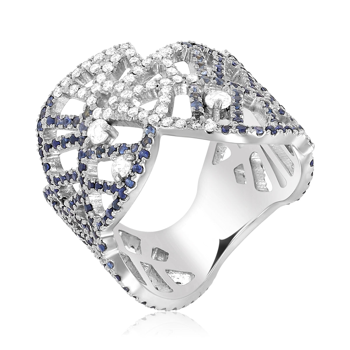 BEECH RING - DEWDROPS white gold diamond blue sapphire pavé