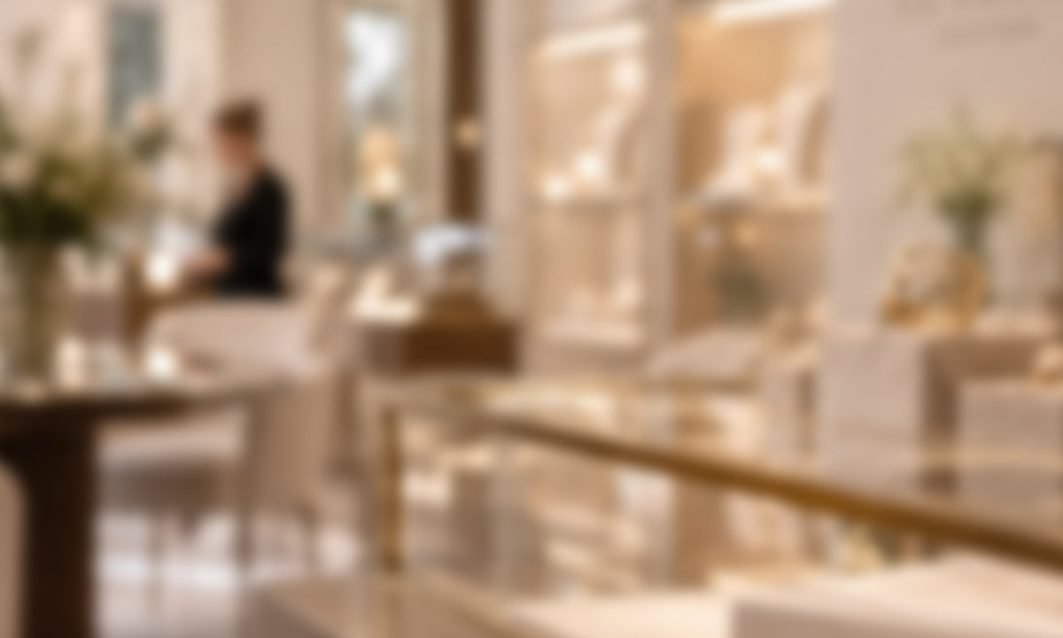 Blurred interior of a jewellery boutique, authorised stockist of De Parme Design fine jewellery
