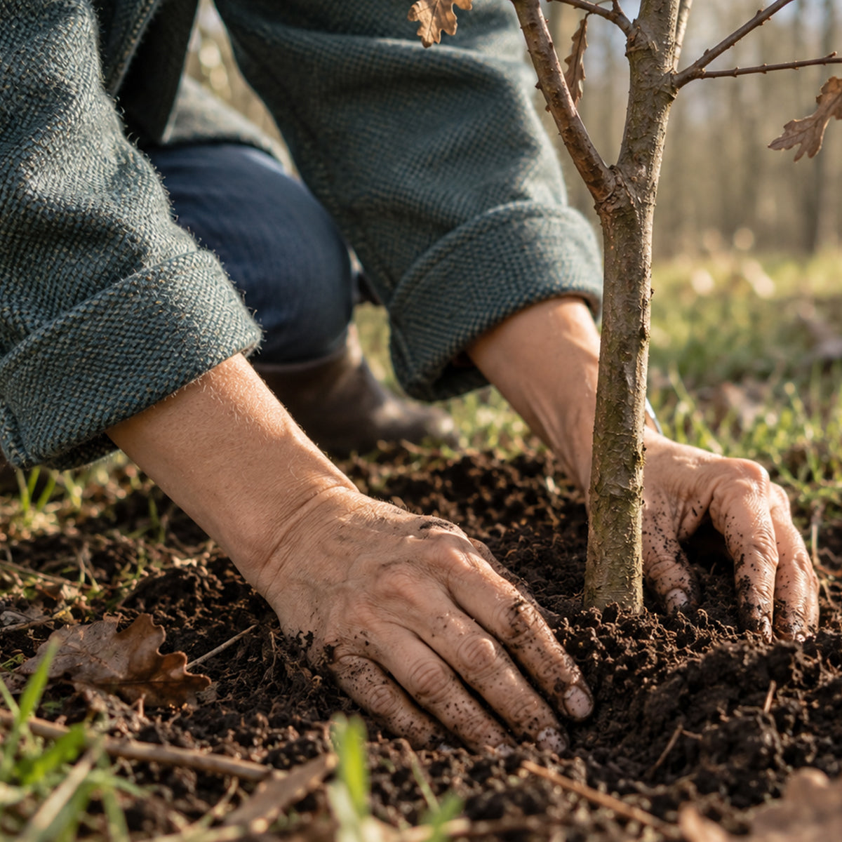 Hands planting a tree in the ground, part of De Parme Design's partnership with the Trees for All foundation