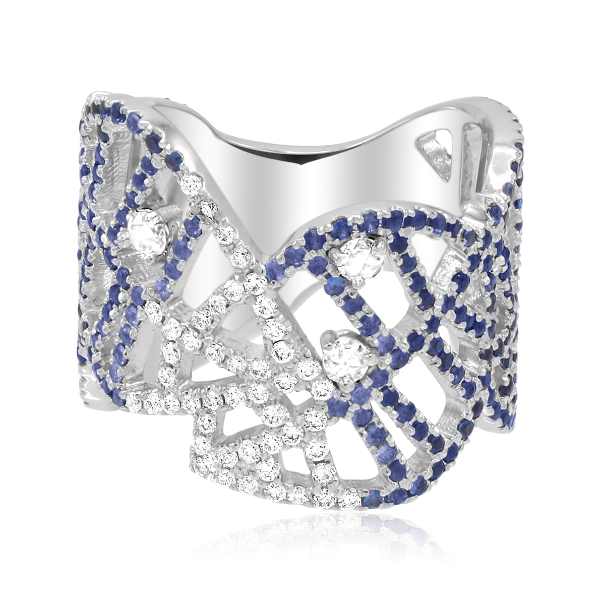 BEECH RING - DEWDROPS white gold diamond blue sapphire pavé