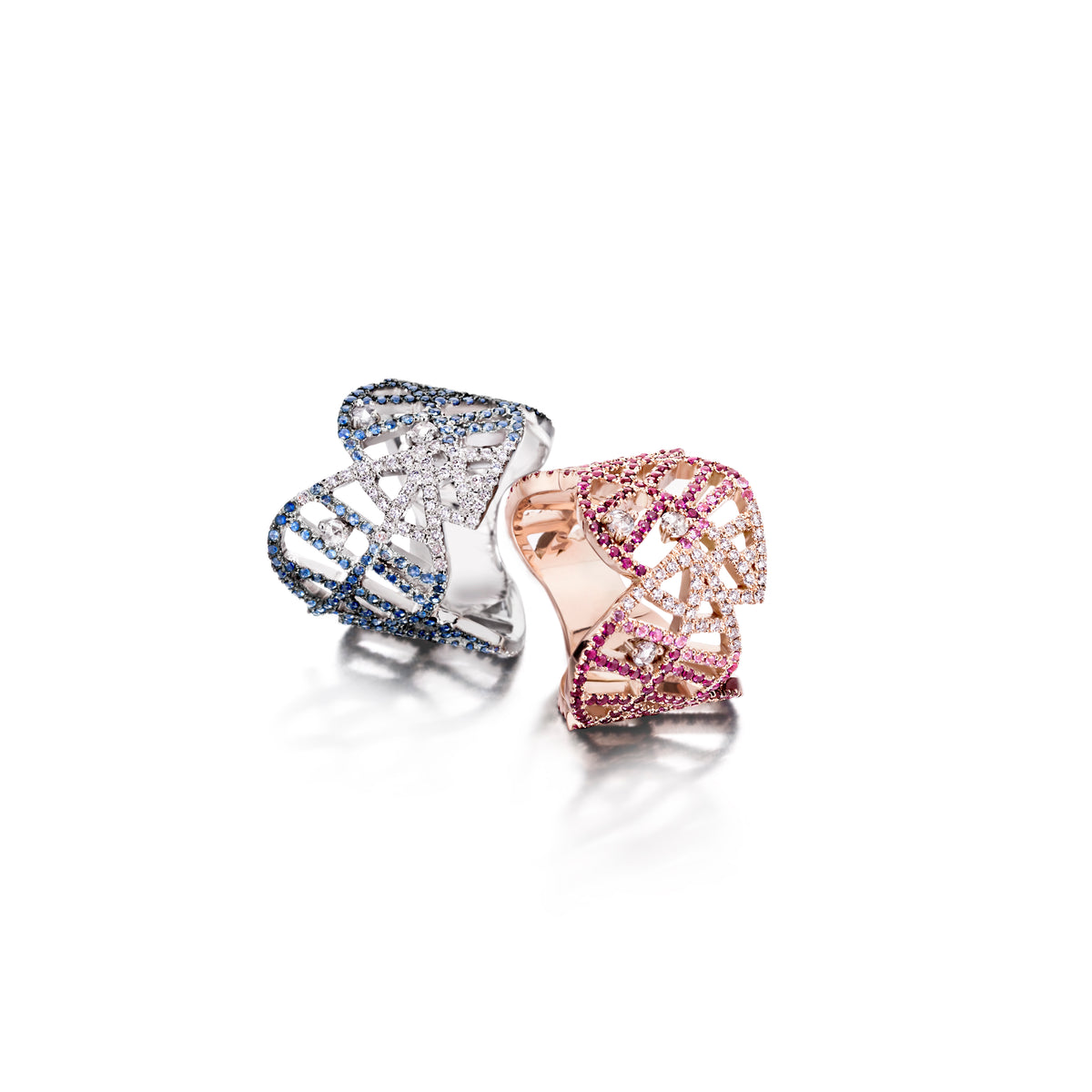 BEECH RING - DEWDROPS white gold diamond blue sapphire pavé
